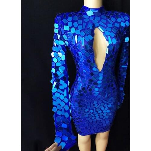 Sewing Blue Mirror Dress Ladies Birthday Outfit For Women Prom Dress Sexy Bust Stage Performance Wear Nightclub Ceremony Costume