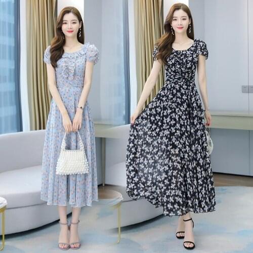 Women Maxi Floral Chiffon Dress Summer 2021 Ruched Retro Elegant Casual Party Night Vacation Vintage Runway Long Vestidos Korean