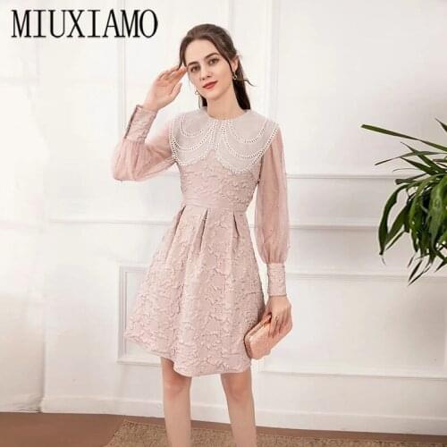 MIUXIMAO 2021 Spring Summer Party Dress Jacquard Flower Long sleeve Office Lady Pink Casual Dress Women Vestidos With Ruffles