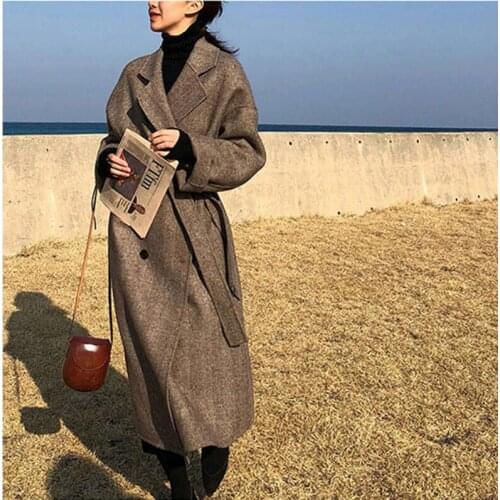Women Winter Long Overcoat Outwear Wool Coat Loose Plus Size Cardigans Long Sleeve Femme Elegant Belt Coat