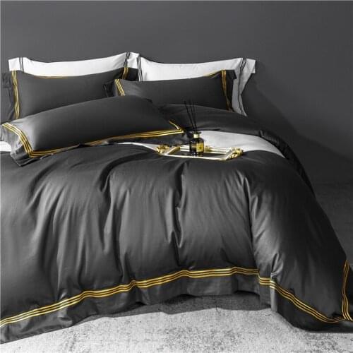Golden Striped Embroidery Egyptian Cotton Bedroom Duvet Cover Home Hotel Gray Bedding Set Bed Sheet Pillowcase Queen King Size