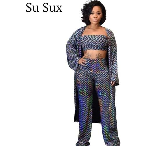 2021 Spring Womens Tracksuit 3 Piece Set Bandage Sequins Cardigan Coat Long Pants Crop Top Top Vest Suit Outfits Vestidos Femal