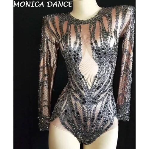 Sexy Sparkly Black Crystals Nude Bodysuit Performance Outfit Party Celebrate Glisten Rhinestones Stretch Leotard Stage Bodysuit