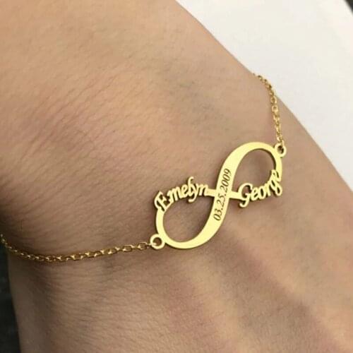 Bohemian Custom Double Name Date Infinity Bracelet Personalized Engraved Anniversary Gold Color Bangle Best Friend Gift Jewelry