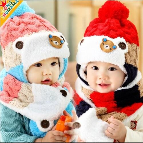 Baby Winter Hats Scarf Cotton Baby Boys Girls Woolen Hats Newborn Bear Kids Beanies+Scarf 2pcs/Set Children Neck Warmer Cap