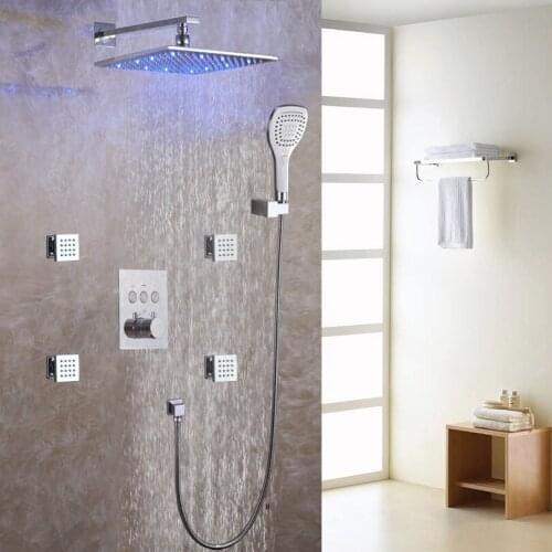 DULABRAHE Thermostatic Rain Shower System 12 Inch Brass Rainfall Faucet Head Wall Mounted Conceal Chrome LED Mixer Set