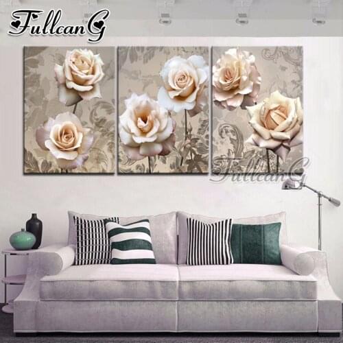 FULLCANG diy 5d diamond embroidery rose flower triptych painting 3 piece full square/round drill mosaic pattern home decor FC658