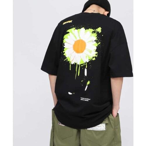 Men T-Shirt Chrysanthemum Print Summer Oversized t-shirts Hip Hop Loose Tees Tops Half Sleeve Cotton Man Clothing Drop Shipping