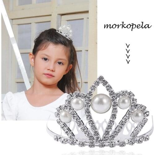 Morkopela Flower Girls Pearl Crown Tiara Clear Crystal Wedding Hair Comb Tiaras Fashion Rhinestone Children Hair Accessories