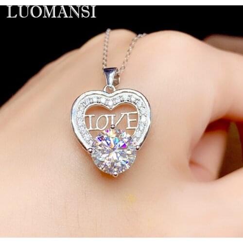 Luomansi 1CT 6.5MM Moissanite Love Necklace Passed the Diamond Test S925 Silver Jewelry Wedding Party Lover Gift