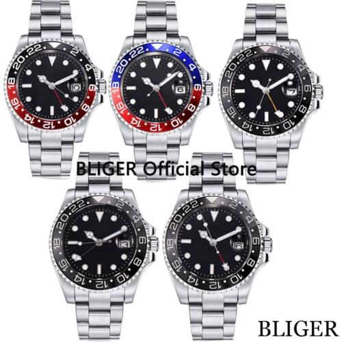 Luxury Brand BLIGER 40mm Black Dial GMT Function Stainless Steel Band Sapphire Crystal Automatic Movement Mens Watch