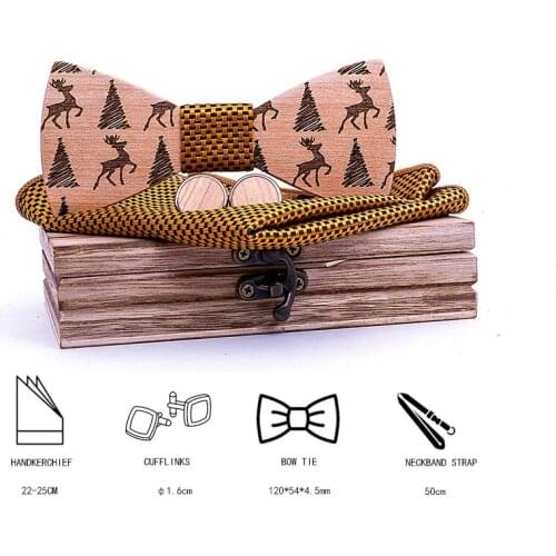 Fashion Handmade Maple Wooden Bow Tie Handkerchief Suit Christmas elk pattern Mens novelty neckties For Party With Wood Case