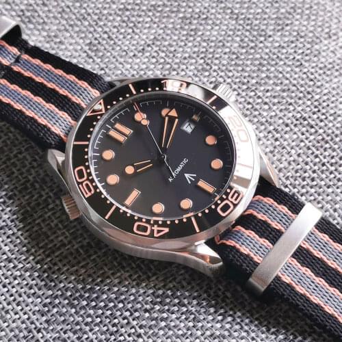 Tandorio Black 41mm Automatic Men Watch Case Nylon Strap Luminous Marks Screwdown Crown Sapphire Glass