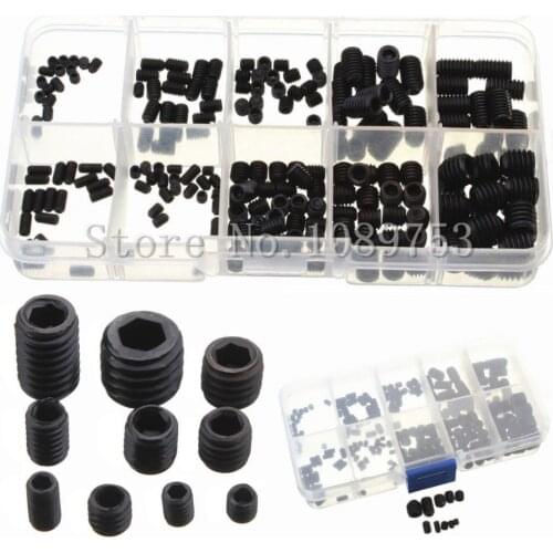 200pcs/set Black Allen Head Socket Hex Set Grub Screw Cup Point Assortment Kit + Box