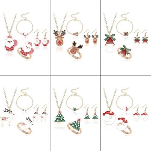 DIY Christmas Series Sets Ring Earrings Necklace Bracelet Cartoon Santa Tree Hat Reindeer Moon Pendant Cute Jewelry Gift 2019