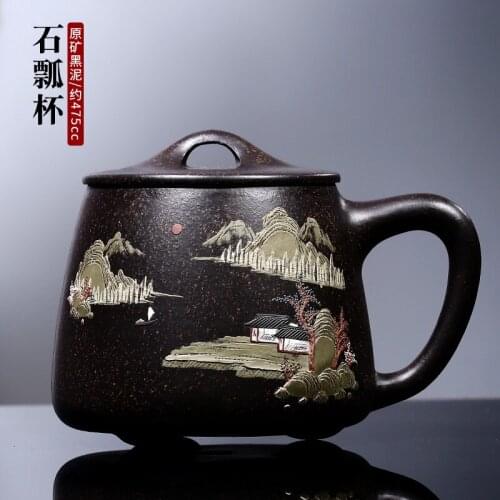 True yixing famous pure manual purple sand cup lid boss cup tea cup painted black mud mud stone gourd ladle cup
