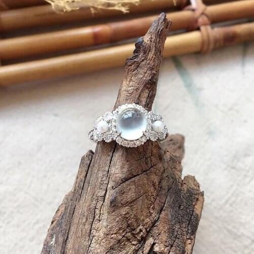 Natural chalcedony egg noodle round bead opening adjustable ring inlaid pearl light luxury luxury femininity silver jewelry
