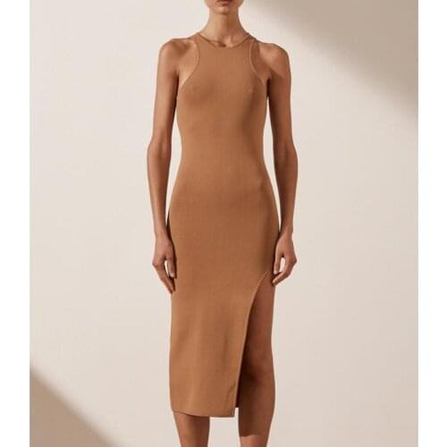 Pure color round neck vest dress female 2021 summer new slim and thin sexy split bag hip sling dress A636