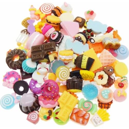 100pcs Mix Resin Food Shape Colorful Flatback Jewelry Dessert Cookie Cake Bread Candy Icecream Lollipops Cabochons Slime Charms
