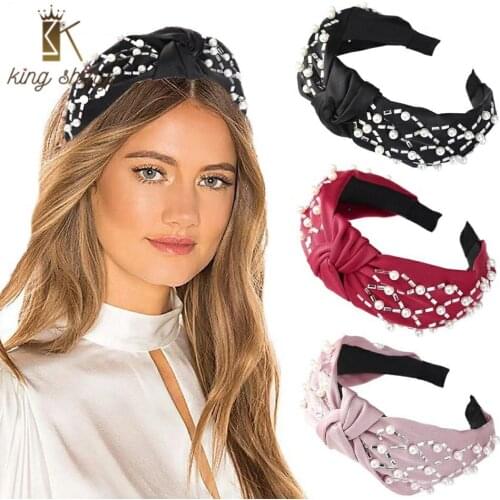 Spring Design Simulated Pearl Knotted Headband for Woman Vintage Shiny Rhineston Twisted Hairband Girl Wide Bezel Hair Accessory