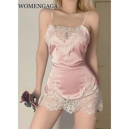 WOMENGAGA Pink Hot Sexy Korean Women Lace Mesh Patchwork Transparent Tank Mini Dress Black Straps Dresses Summer Tops C89P