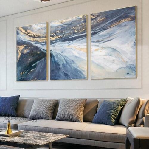 Modern Blue Abstract Poster Gold River Gold Foil Luxury Decorative Painting for Living Room Decoration Wall Art