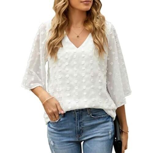 Summer Women V Neck Top White Jacquard Fashion Shirt Female Long Sleeve Chic Shirt Sexy Polka Dot Solid Color Mesh Blouses