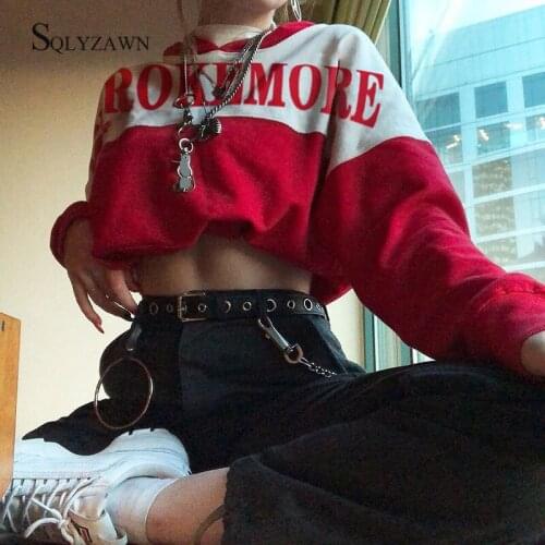 Streetwear Letter Print Color Block Cropped Hoodies Pullover Female Korean Gothic Harajuku Red and White Long Sleeve Sweatshirt