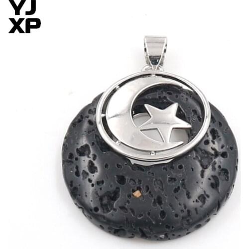 YJXP Silver Plated Round Hollow with Star Pendant Half Moon Black Lava Stone Vintage Jewelry