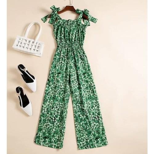 Womens European and American wear 2021 summer new style bowknot Condole belt Green leaf printing Fashion jumpsuit