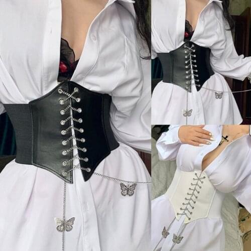 Womens Elastic Stretch Wide Band Corset Waist Belt European and American Metal Chain Fashion Slim Girdle Streetwear