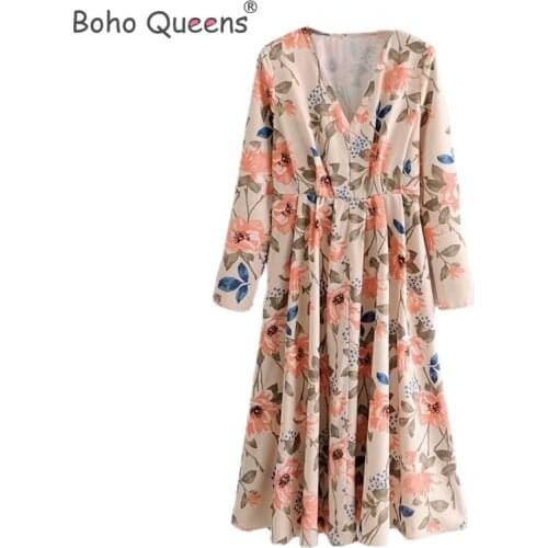 Boho Queens women floral print beach Bohemian Midi dress Ladies deep v-neck pleasted dress vestidos