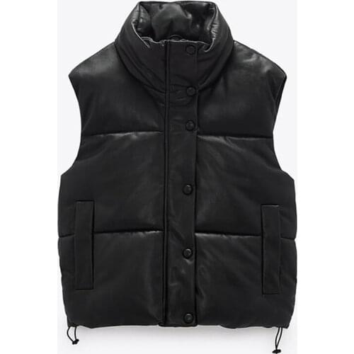 2021 Autumn Winter Women PU Leather Waistcoat Cotton Cropped Padded Vest Vintage Sleeveless Female Outerwear Streetwear