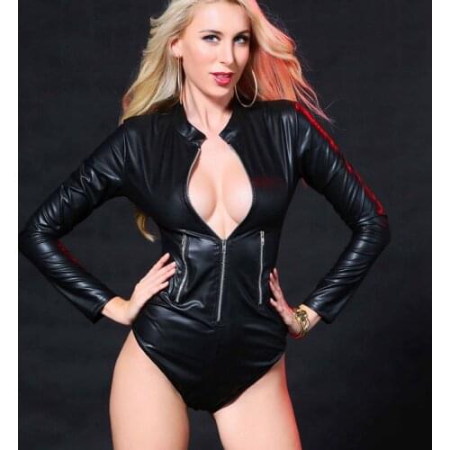 CFYH European New Design Sexy Women Faux Leather Bodysuit Zipper Long Sleeve Autumn Style Hot Bodysuit Women Femme