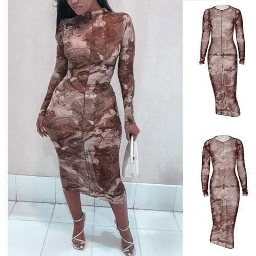 Women Summer Gauze Printed Bodycon Dress Women High Round Collar Autumn Wear Sexy Long Sleeve Slim Package Hip Dresses