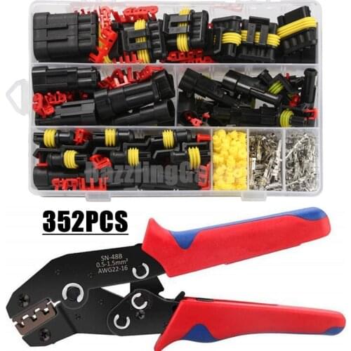 352PCS Waterproof Car Electrical Wire Connector Plug Kit 1/2/3/4 Pin Motocycle Truck Harness Male Female SN48B crimping pliers