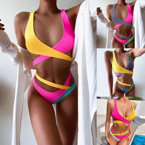 Bandage Swimwear Women 2021 Brazilian Bikinis Thong Halter Patchwork One Piece Beach Wear Female Padded Swimsuit stroj kąpielowy