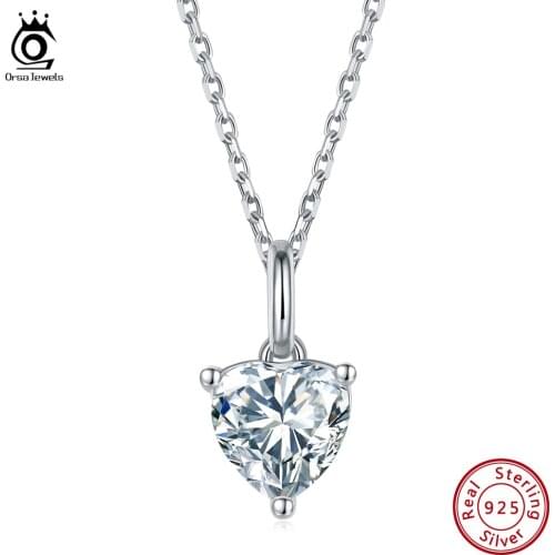 ORSA JEWELS 1ct DE Color Moissanite Pendant Necklace Solid 925 Sterling Silver Long Chain Heart Necklaces for Women Gifts SME31