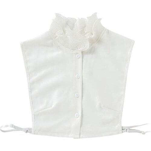 Women Girls Sweet Double Layer Agaric Ruffles Stand Fake Collar Button Down Chiffon Bottoming Sweater White Detachable R58E