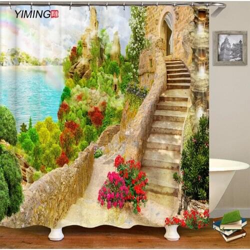 European retro architecture country street 3D landscape printing bathroom shower curtain waterproof home decoration curtain