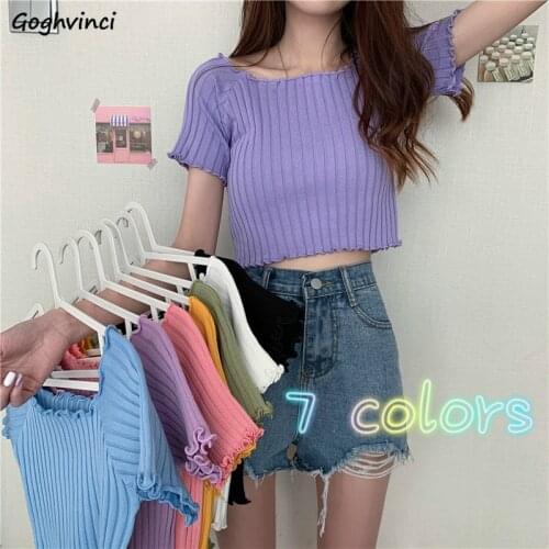 T-shirts Women 7 Colors Crop Square Collar Korean Style Sexy Lovely Girls Sweet Streetwear Loose Slim Elegant Casual Popular New