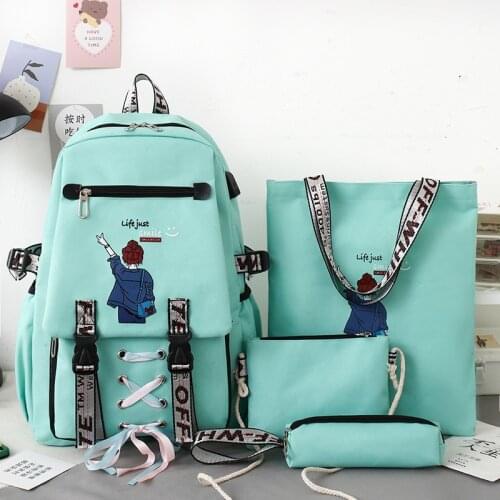USB Waterproof 4Pcs/Set Canvas School Bags for Teenage Girls Laptop Backpacks Women Book Bags Travel Backpack Students Rucksack