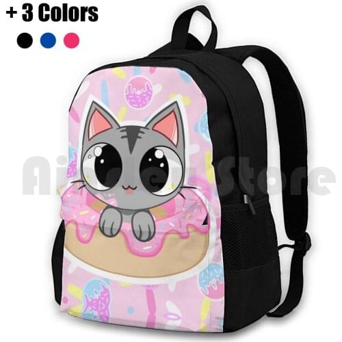 Donut Cat! Outdoor Hiking Backpack Waterproof Camping Travel Cute Sweet Donuts Treat Pastel Pretty Kawaii Cat Kitty Kitten Grey