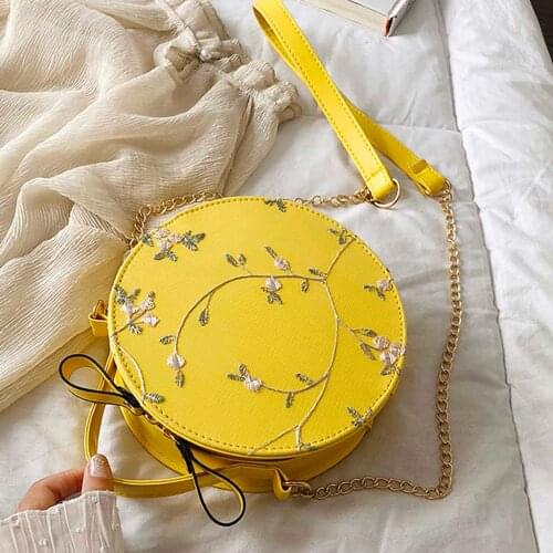 Embroidered Lace Crossbody Bag Women Chain Handbag Retro Leather Tote Female Round Messenger Bags Ladies Phone Purse Sac