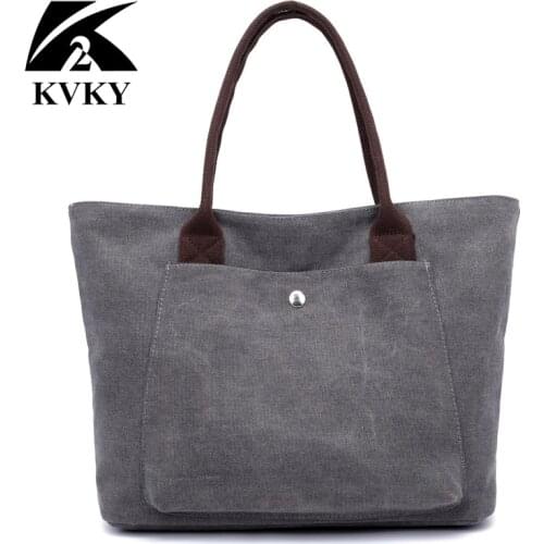 KVKY Retro Reusable Women Canvas Tote Bag Simple Shopping Bag Female Casual Canvas Eco Shoulder Bag bolsas femininas Beige Color
