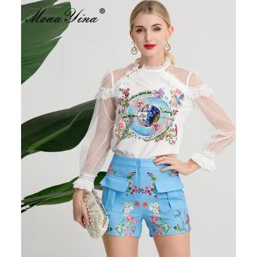 MoaaYina Fashion Runway Designer Summer Shorts Suit Womens Mesh Long sleeve Floral print Top and Blue Shorts 2 Two Piece Set