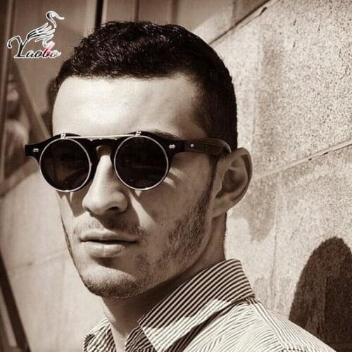 Yaobo Gothic Steampunk Mens Sunglasses clip Coating Mirrored Sunglasses Round Circle Sun glasses Retro Flip Gafas Masculino Sol