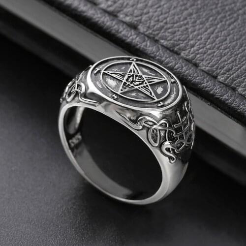 925 Vintage Thai Silver Devil Pentagram Band Badge Ring for Men Party Gift Jewelry Ring Wholesale Size 8-13