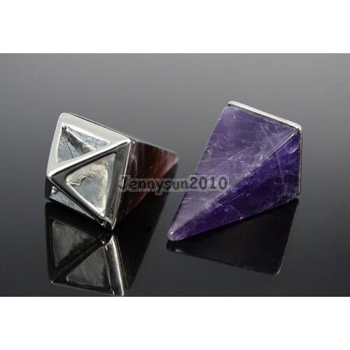 Natural Ame-thyst Gems Stones Pyramid Pointed Healing Reiki Chakra Silver Pendant Beads Necklace Jewelry 5Pcs/Pack