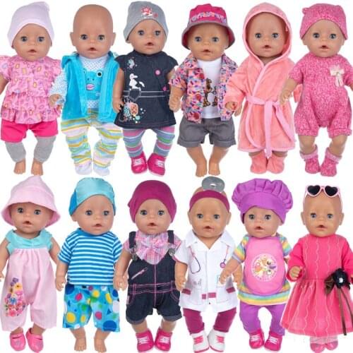 2021 New Lovely Set Born New Baby Fit 18 inch 43cm Doll Clothes Accessories Three-piece Suit With Hat And Denim Plaid For Gift